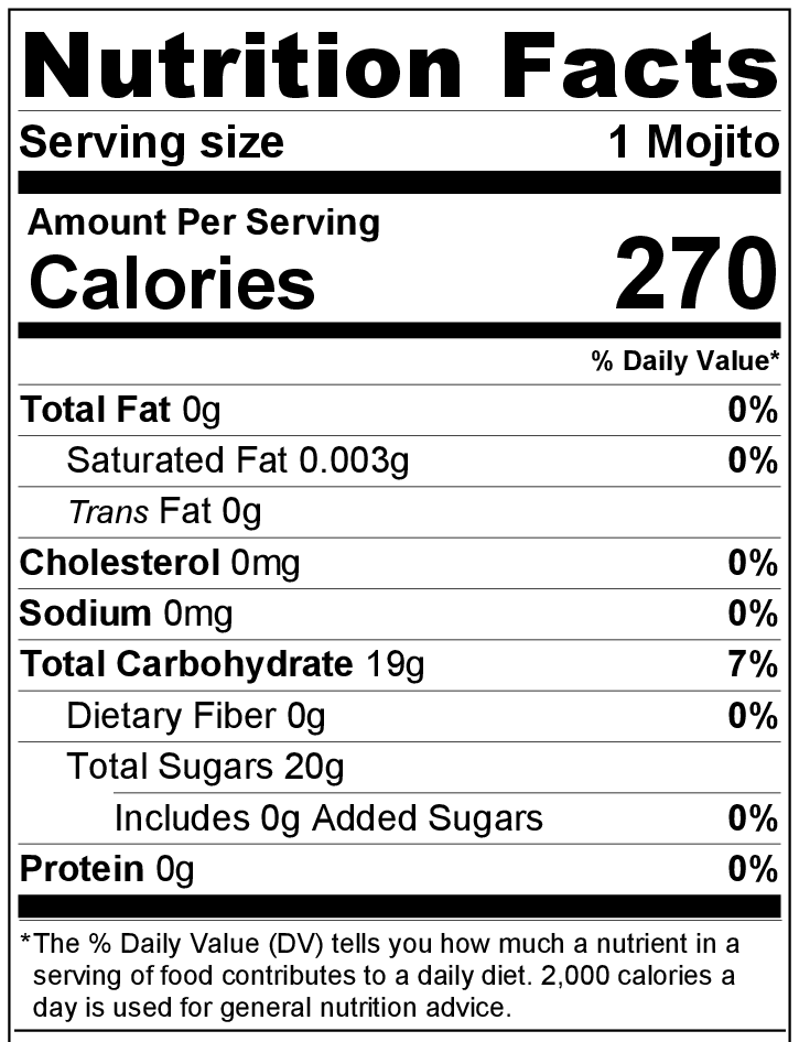 Mojito nutrition label